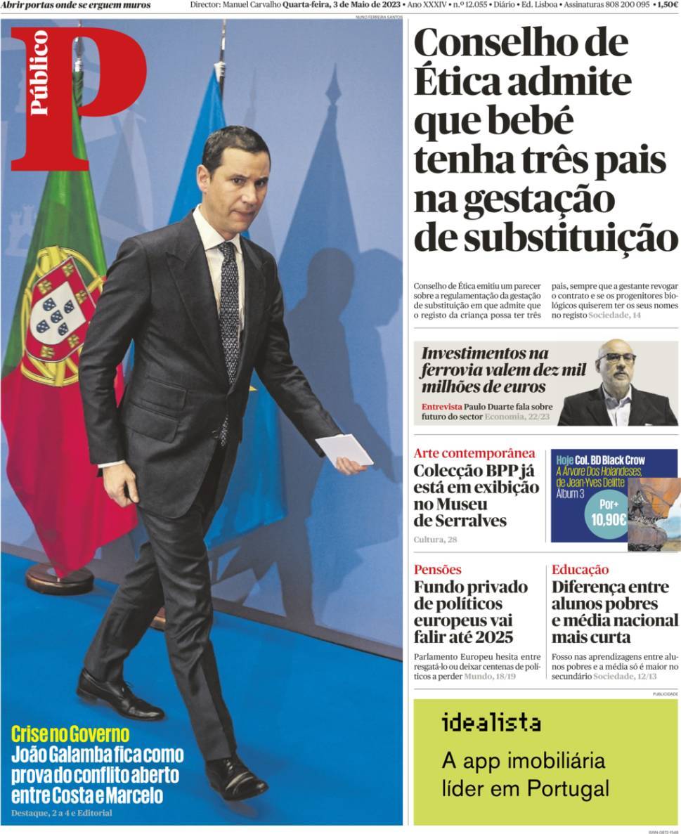 P&uacute;blico: Capa da Edi&ccedil;&atilde;o de quarta-feira, 03 de maio 2023