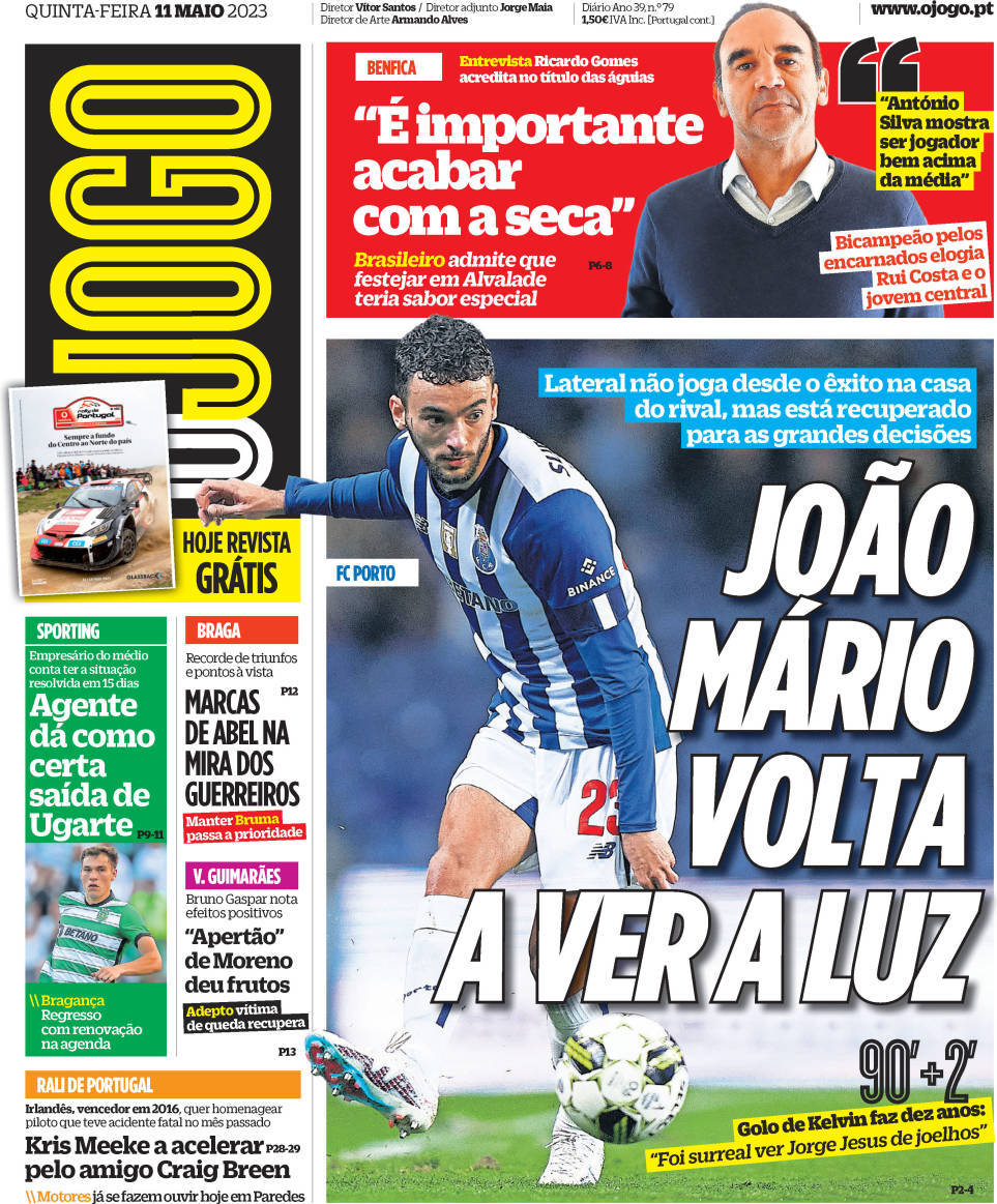 O Jogo: Capa da Edi&ccedil;&atilde;o de quinta-feira, 11 de maio 2023