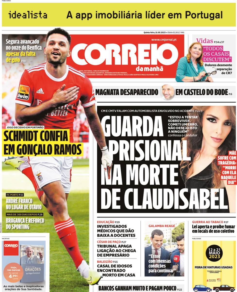 Correio da Manh&atilde;: Capa da Edi&ccedil;&atilde;o de quinta-feira, 11 de maio 2023