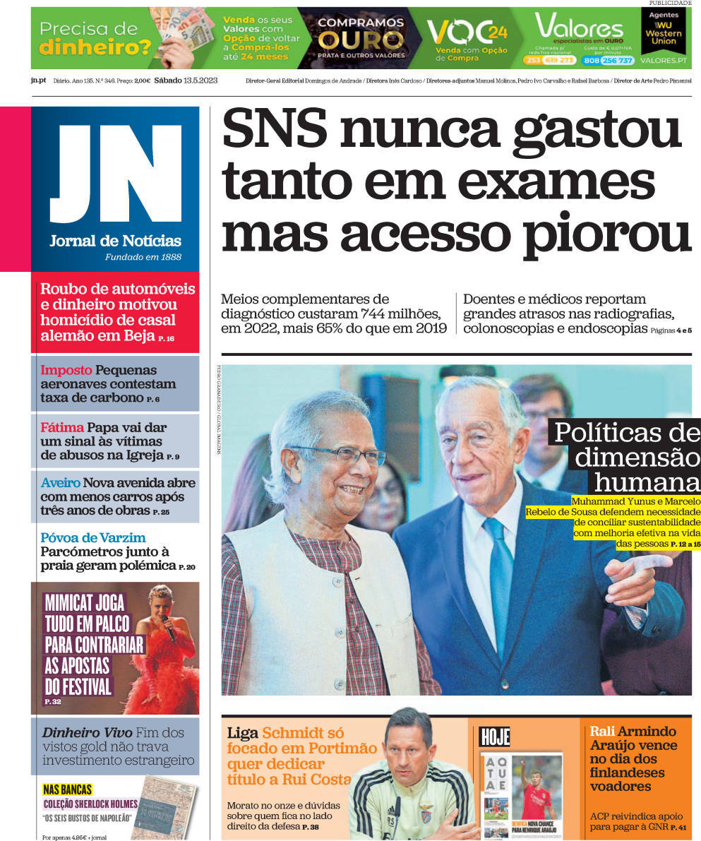 Jornal de Not&iacute;cias: Capa da Edi&ccedil;&atilde;o de s&aacute;bado, 13 de maio 2023