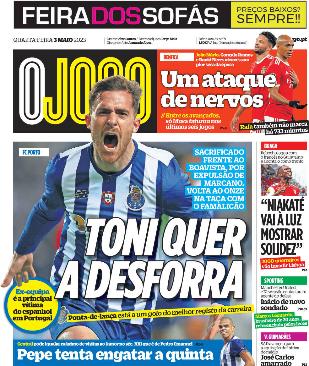 O Jogo: Capa da Edi&ccedil;&atilde;o de quarta-feira, 03 de maio 2023