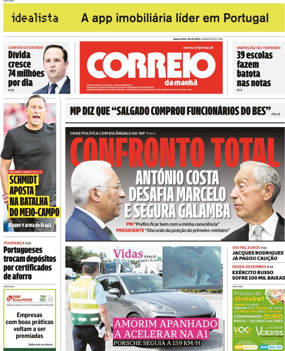 Correio da Manh&atilde;: Capa da Edi&ccedil;&atilde;o de quarta-feira, 03 de maio 2023