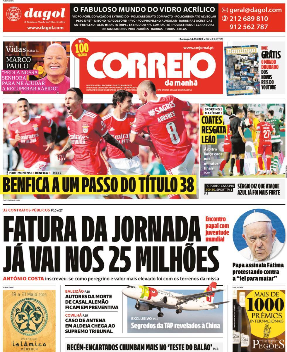 Correio da Manh&atilde;: Capa da Edi&ccedil;&atilde;o de domingo, 14 de maio 2023