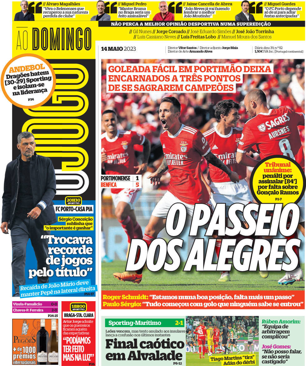 O Jogo: Capa da Edi&ccedil;&atilde;o de domingo, 14 de maio 2023