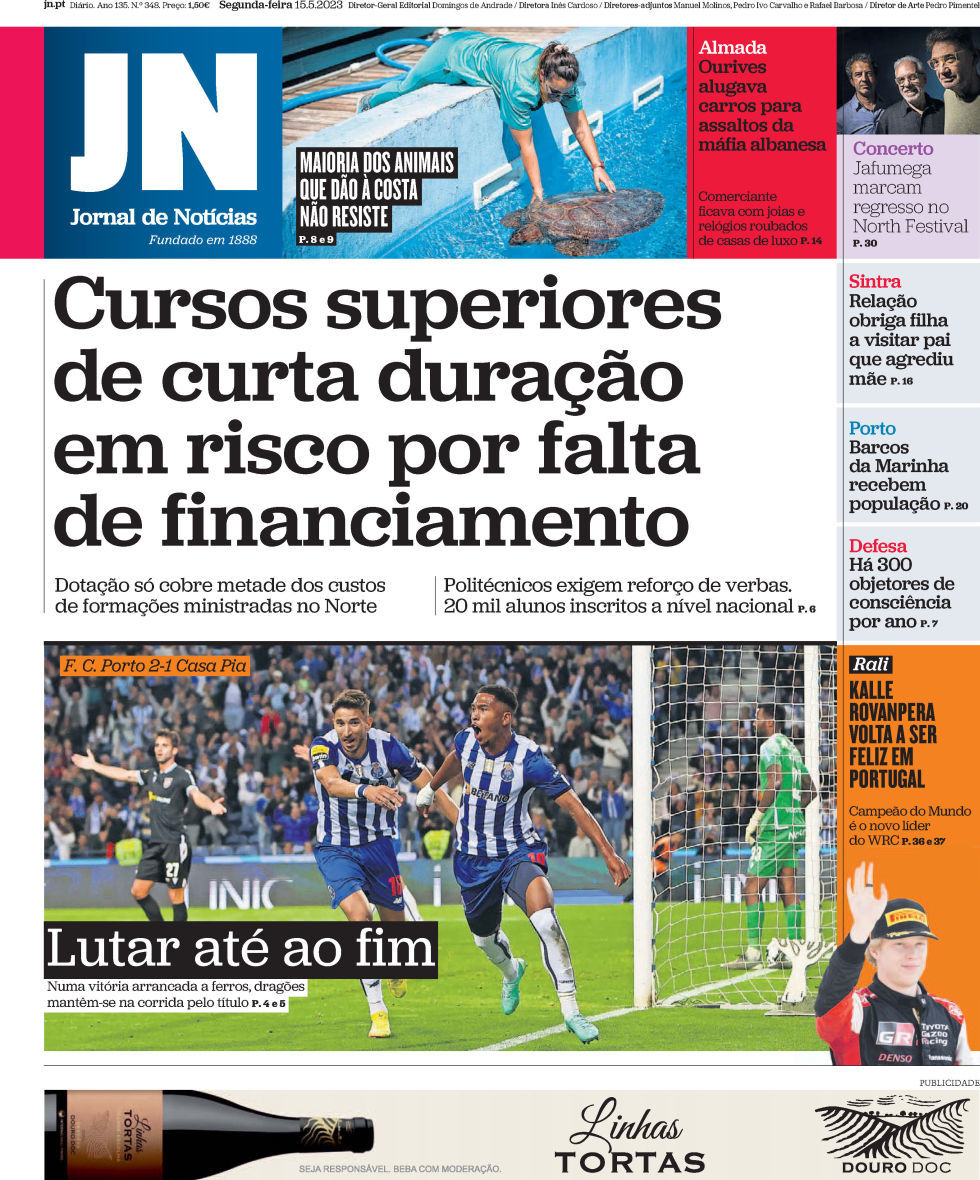 Jornal de Not&iacute;cias: Capa da Edi&ccedil;&atilde;o de segunda-feira, 15 de maio 2023