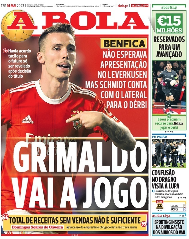 A Bola: Capa da Edi&ccedil;&atilde;o de ter&ccedil;a-feira, 16 de maio 2023