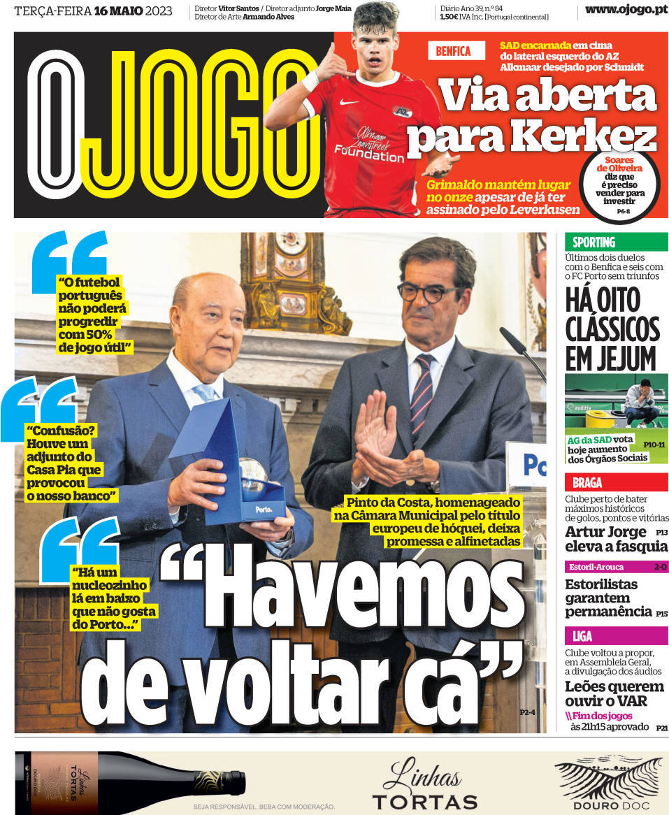O Jogo: Capa da Edi&ccedil;&atilde;o de ter&ccedil;a-feira, 16 de maio 2023