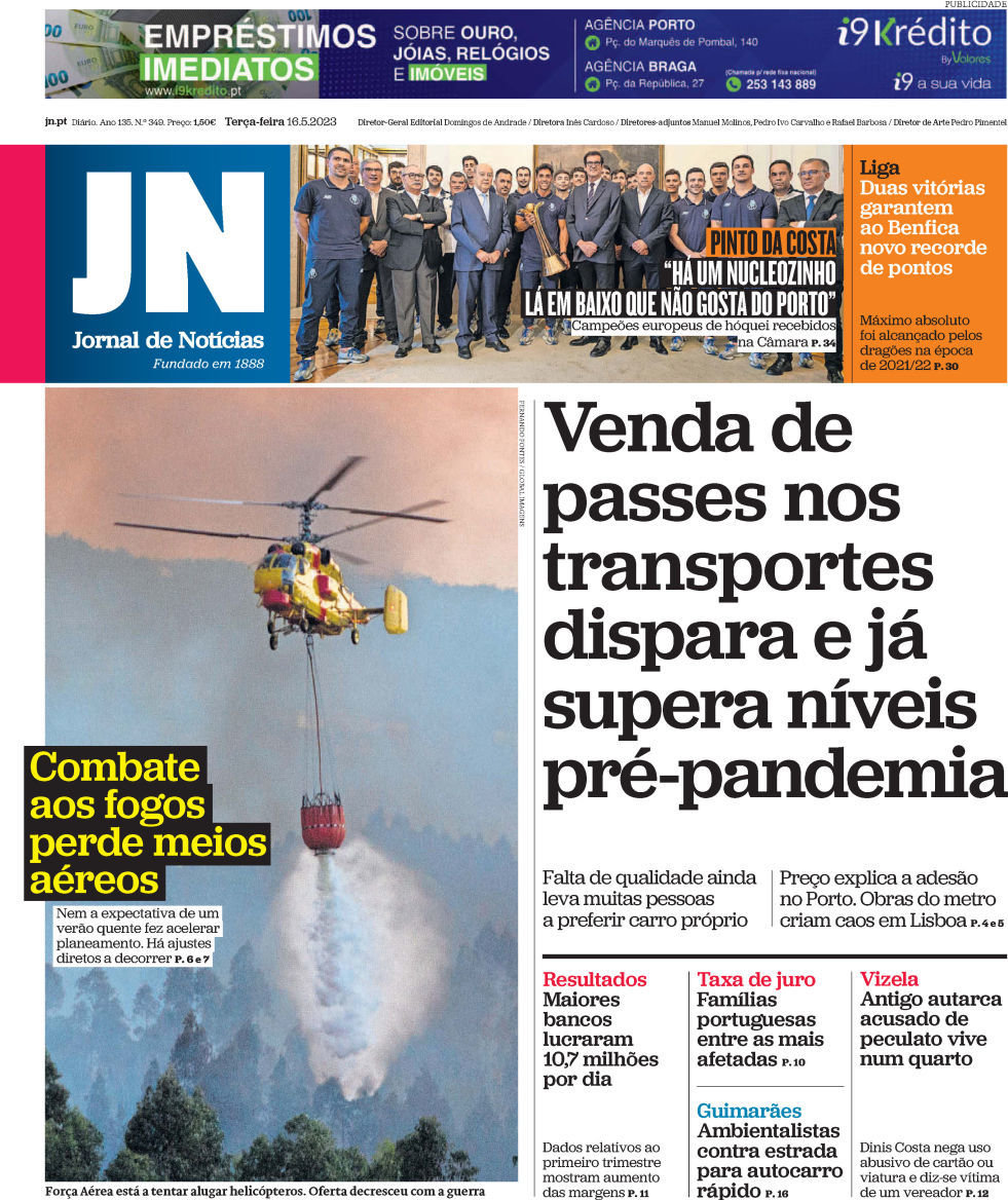 Jornal de Not&iacute;cias: Capa da Edi&ccedil;&atilde;o de ter&ccedil;a-feira, 16 de maio 2023