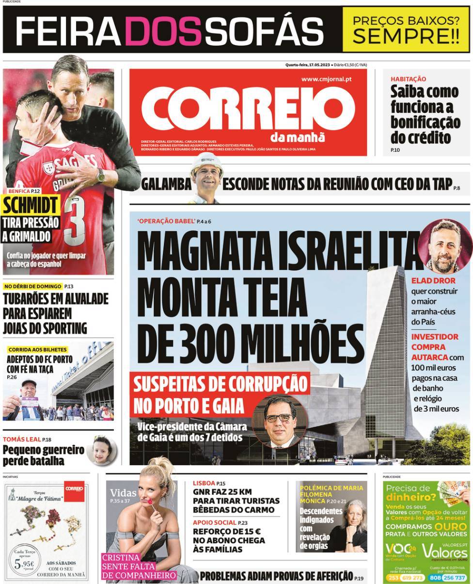 Correio da Manh&atilde;: Capa da Edi&ccedil;&atilde;o de quarta-feira, 17 de maio 2023