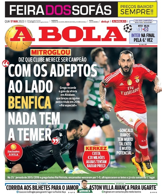 A Bola: Capa da Edi&ccedil;&atilde;o de quarta-feira, 17 de maio 2023