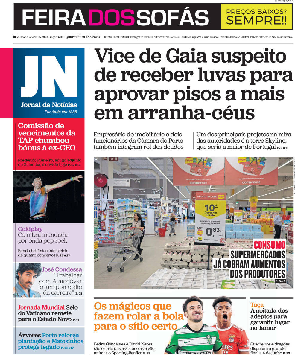 Jornal de Not&iacute;cias: Capa da Edi&ccedil;&atilde;o de quarta-feira, 17 de maio 2023