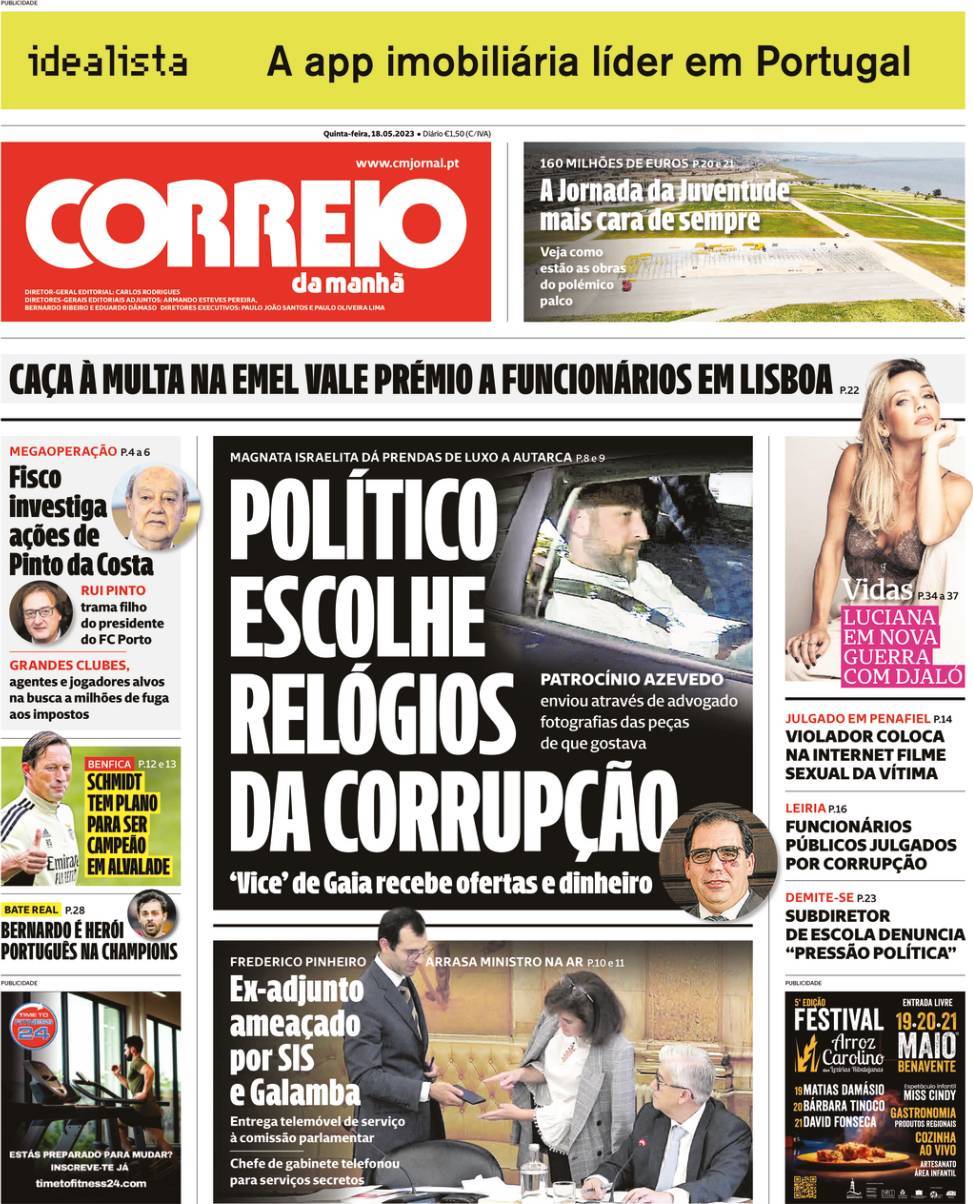 Correio da Manh&atilde;: Capa da Edi&ccedil;&atilde;o de quinta-feira, 18 de maio 2023