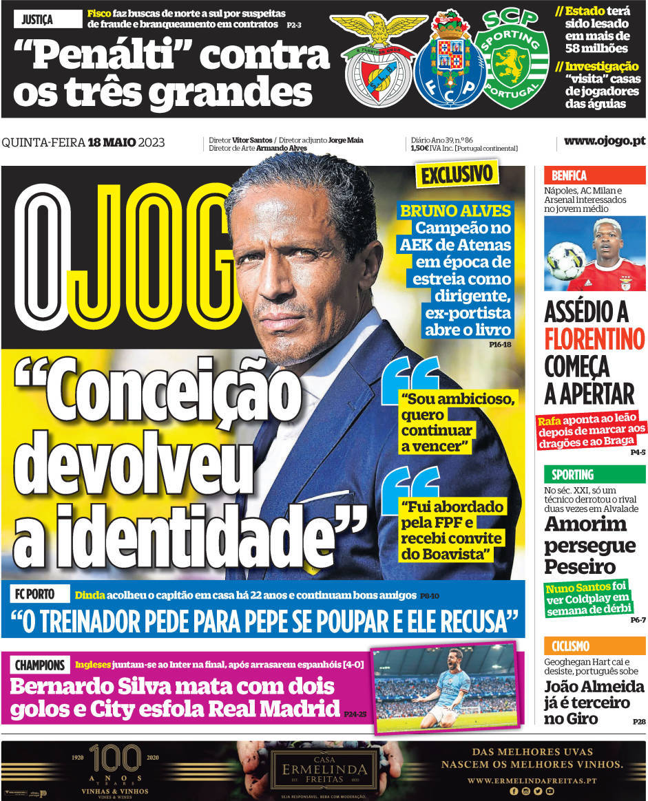 O Jogo: Capa da Edi&ccedil;&atilde;o de quinta-feira, 18 de maio 2023