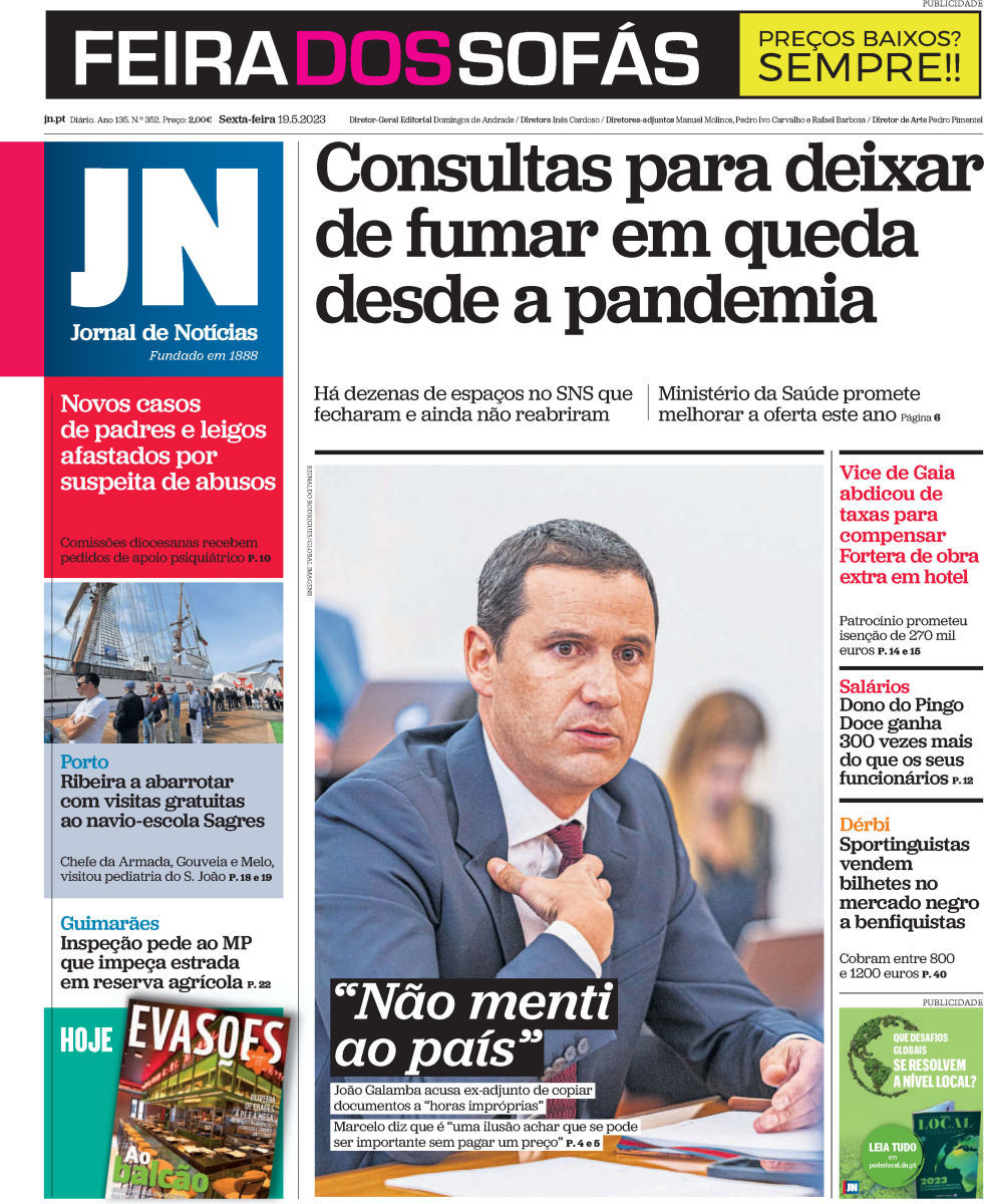 Jornal de Not&iacute;cias: Capa da Edi&ccedil;&atilde;o de sexta-feira, 19 de maio 2023