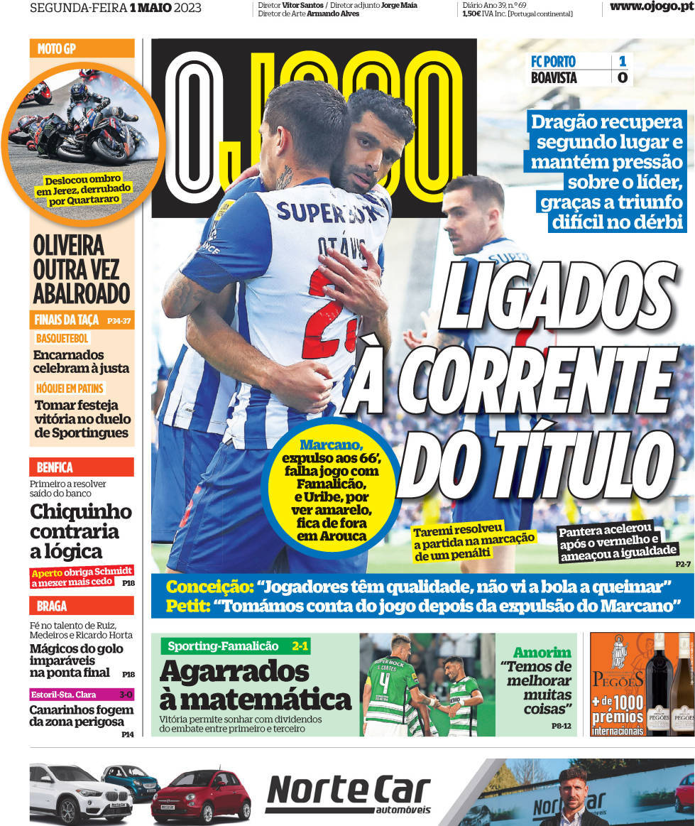O Jogo: Capa da Edi&ccedil;&atilde;o de segunda-feira, 01 de maio 2023