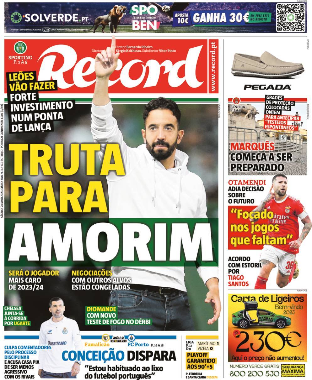 Record: Capa da Edi&ccedil;&atilde;o de s&aacute;bado, 20 de maio 2023