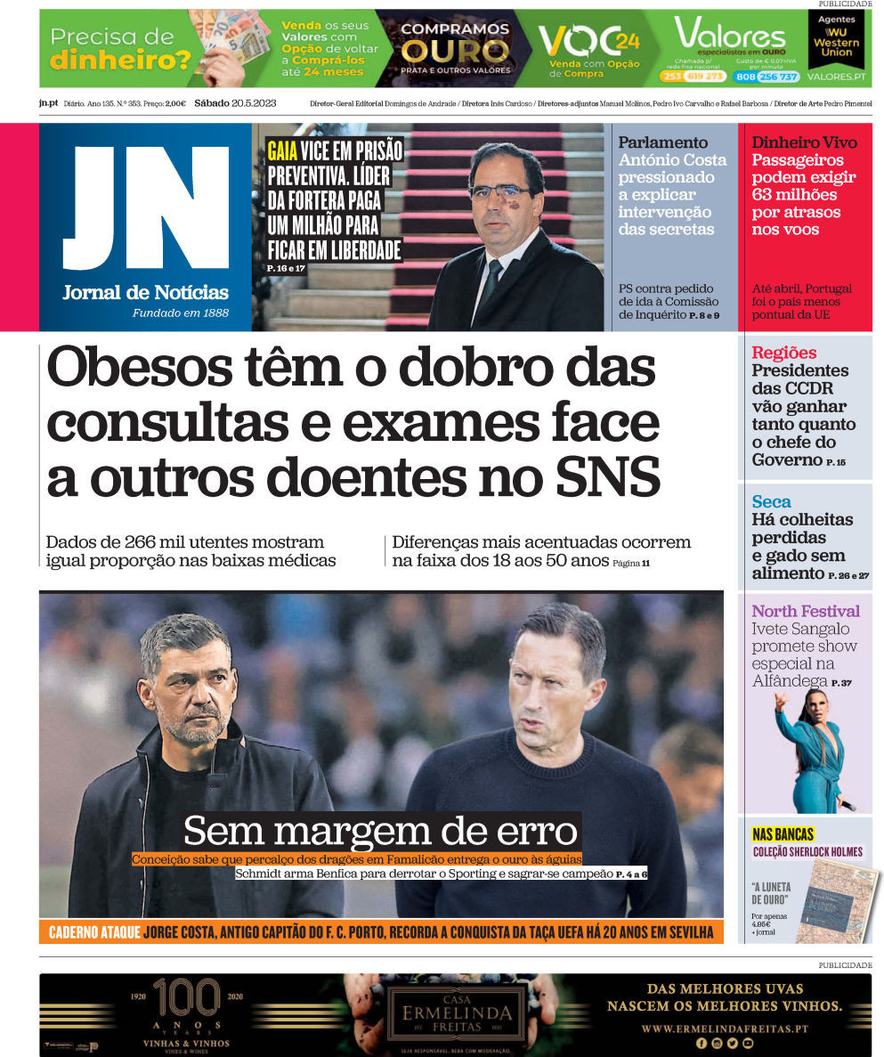 Jornal de Not&iacute;cias: Capa da Edi&ccedil;&atilde;o de s&aacute;bado, 20 de maio 2023