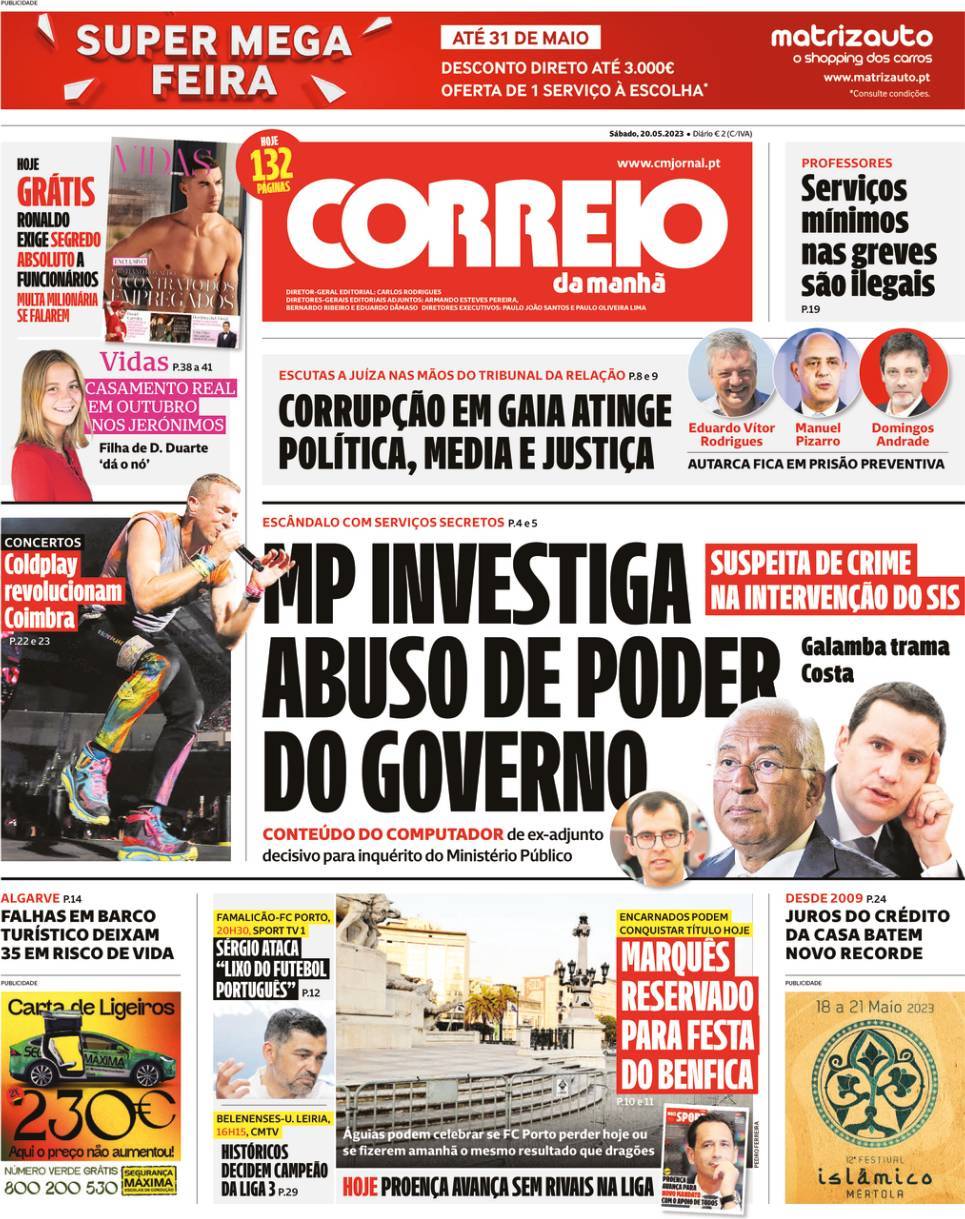 Correio da Manh&atilde;: Capa da Edi&ccedil;&atilde;o de s&aacute;bado, 20 de maio 2023