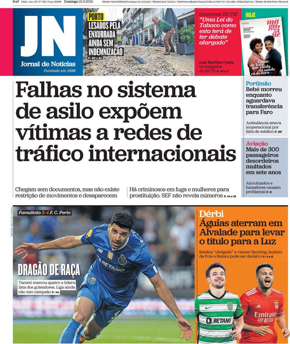Jornal de Not&iacute;cias: Capa da Edi&ccedil;&atilde;o de domingo, 21 de maio 2023