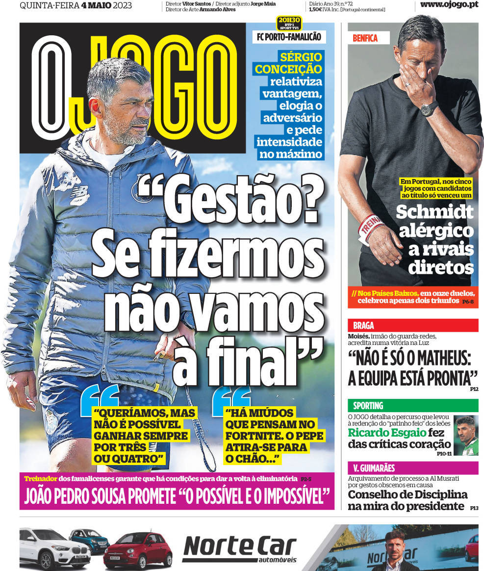 O Jogo: Capa da Edi&ccedil;&atilde;o de quinta-feira, 04 de maio 2023