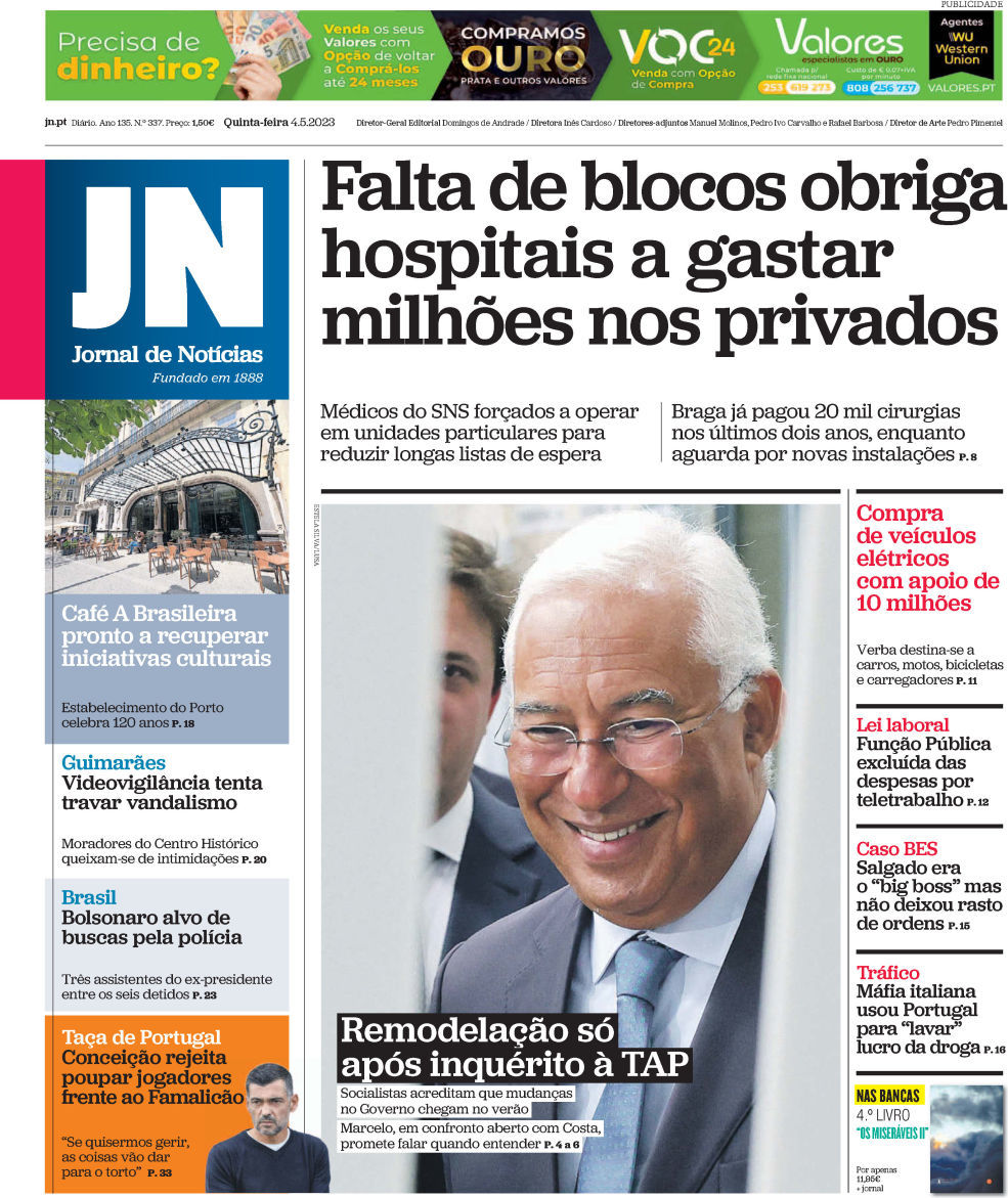 Jornal de Not&iacute;cias: Capa da Edi&ccedil;&atilde;o de quinta-feira, 04 de maio 2023