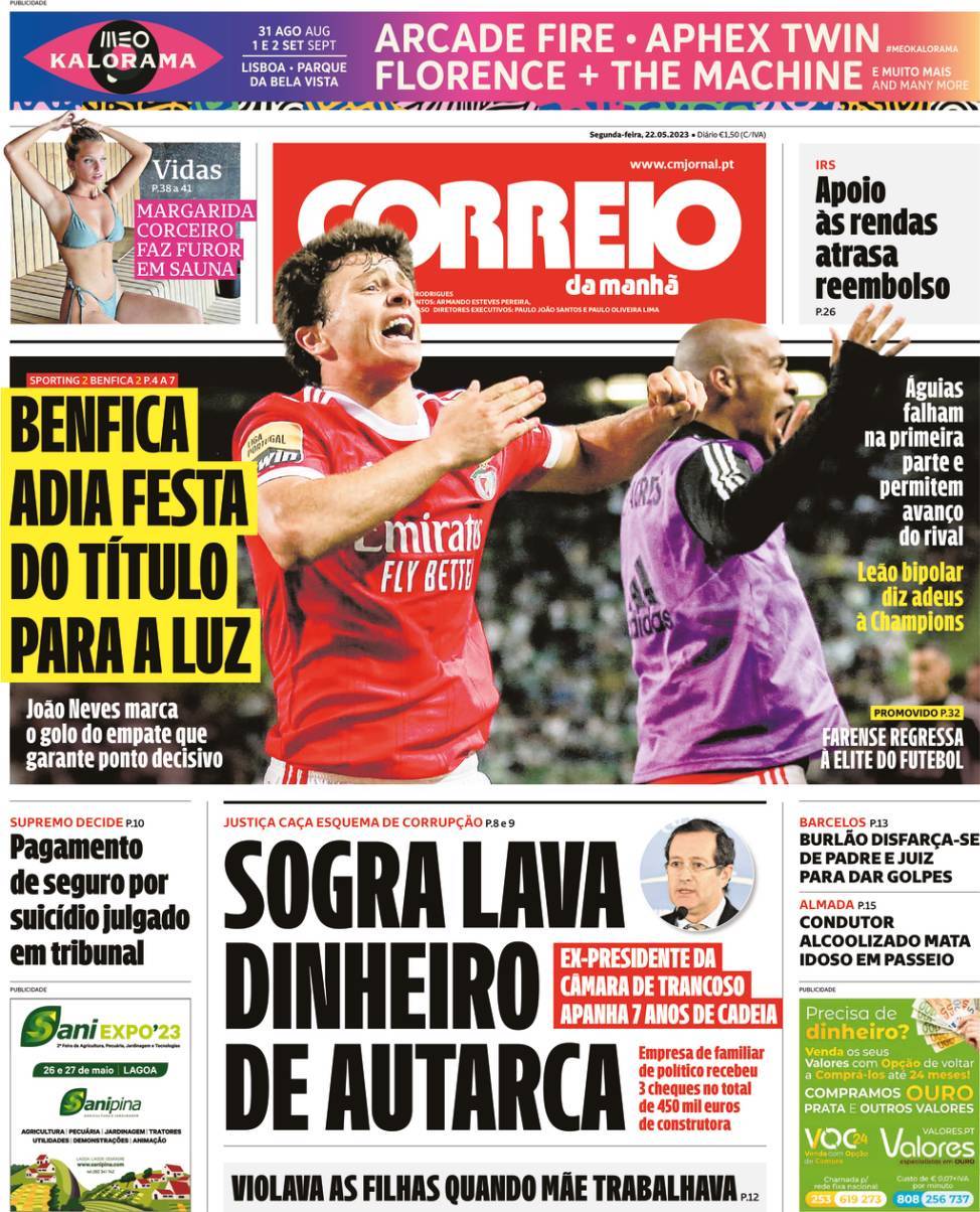 Correio da Manh&atilde;: Capa da Edi&ccedil;&atilde;o de segunda-feira, 22 de maio 2023