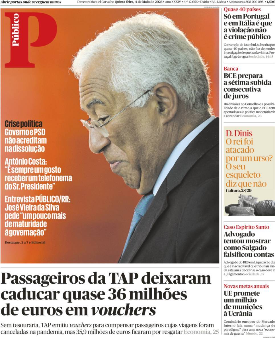 P&uacute;blico: Capa da Edi&ccedil;&atilde;o de quinta-feira, 04 de maio 2023