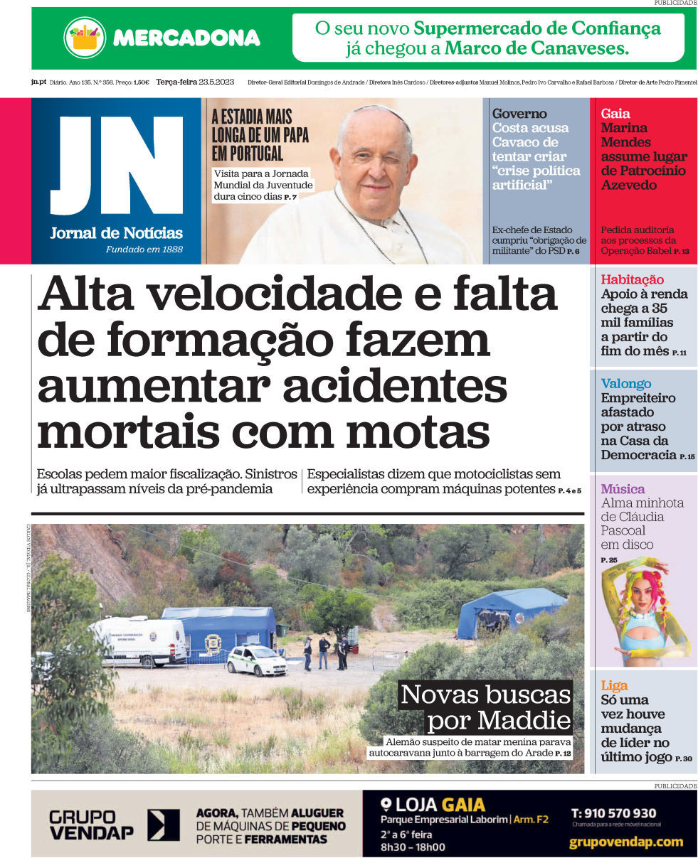 Jornal de Not&iacute;cias: Capa da Edi&ccedil;&atilde;o de ter&ccedil;a-feira, 23 de maio 2023