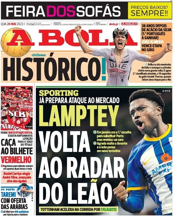 A Bola: Capa da Edi&ccedil;&atilde;o de quarta-feira, 24 de maio 2023