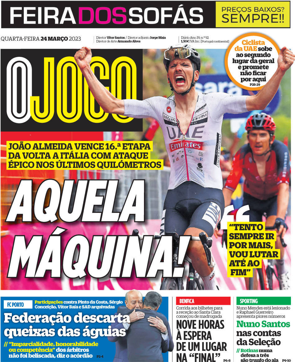 O Jogo: Capa da Edi&ccedil;&atilde;o de quarta-feira, 24 de maio 2023