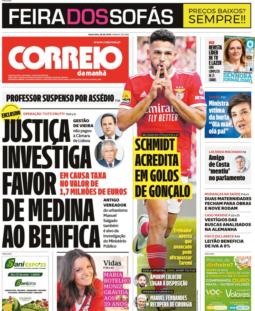 Correio da Manh&atilde;: Capa da Edi&ccedil;&atilde;o de sexta-feira, 26 de maio 2023