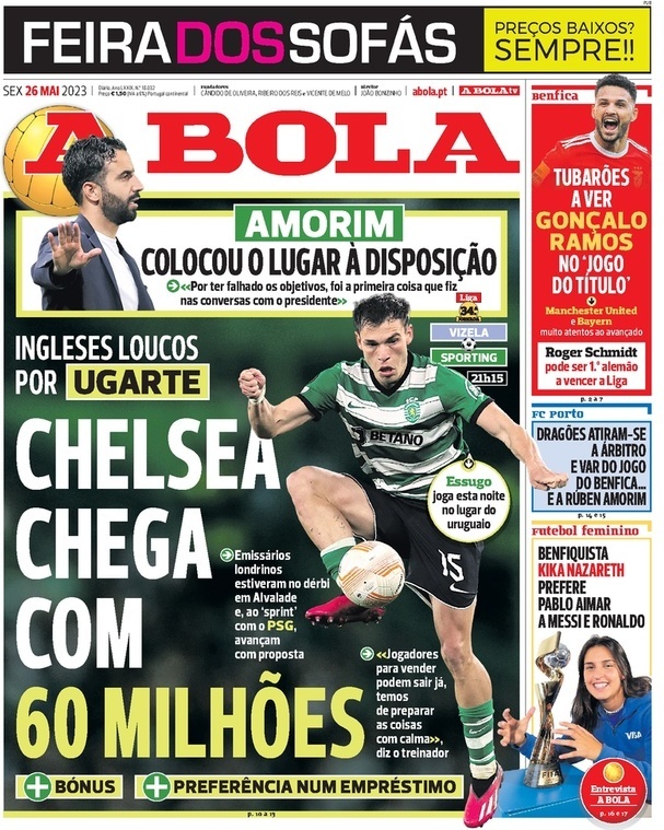 A Bola: Capa da Edi&ccedil;&atilde;o de sexta-feira, 26 de maio 2023