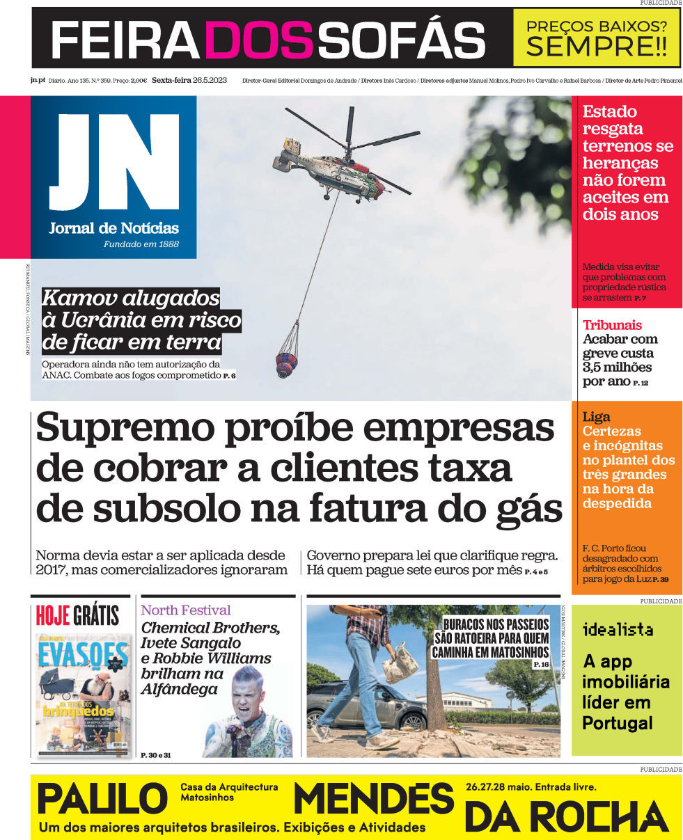 Jornal de Not&iacute;cias: Capa da Edi&ccedil;&atilde;o de sexta-feira, 26 de maio 2023