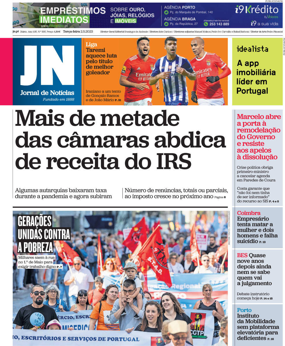 Jornal de Not&iacute;cias: Capa da Edi&ccedil;&atilde;o de ter&ccedil;a-feira, 02 de maio 2023