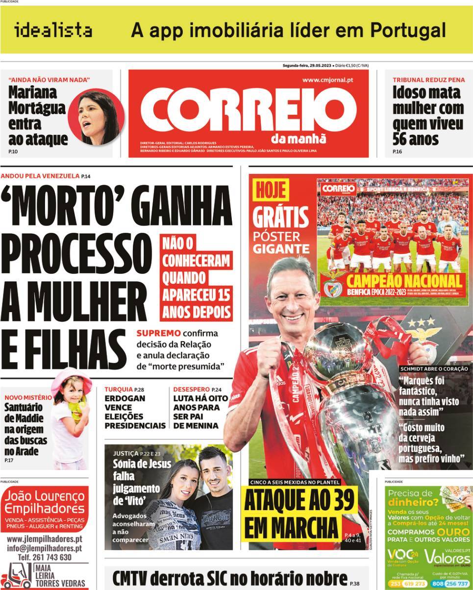 Correio da Manh&atilde;: Capa da Edi&ccedil;&atilde;o de segunda-feira, 29 de maio 2023