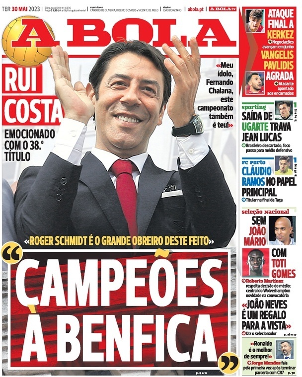 A Bola: Capa da Edi&ccedil;&atilde;o de ter&ccedil;a-feira, 30 de maio 2023