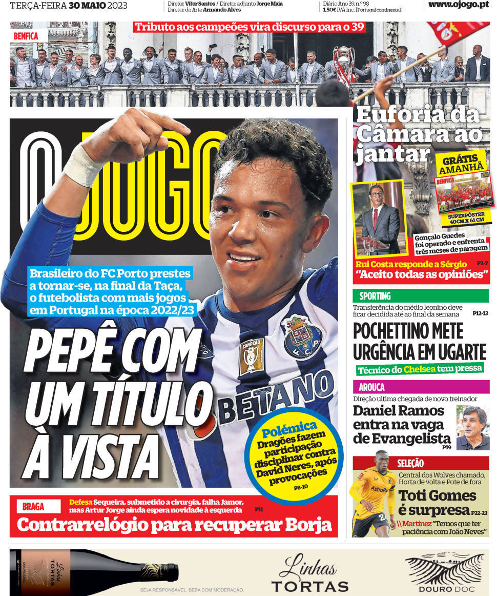 O Jogo, capa O Jogo, O Jogo: Capa da Edição de terça-feira, 30 de maio 2023