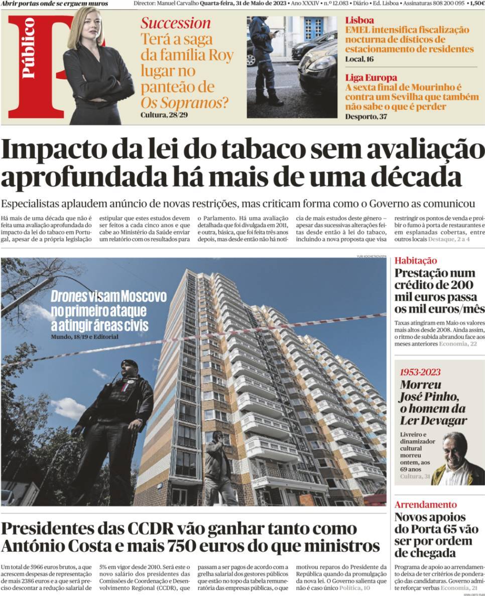 P&uacute;blico: Capa da Edi&ccedil;&atilde;o de quarta-feira, 31 de maio 2023