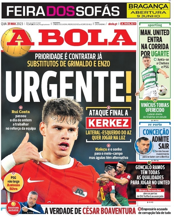 A Bola: Capa da Edi&ccedil;&atilde;o de quarta-feira, 31 de maio 2023