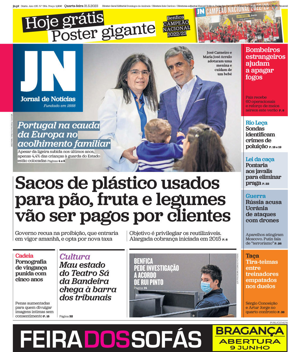 Jornal de Notícias, Jornal de Notícias: Capa da Edição de quarta-feira, 31 de maio 2023