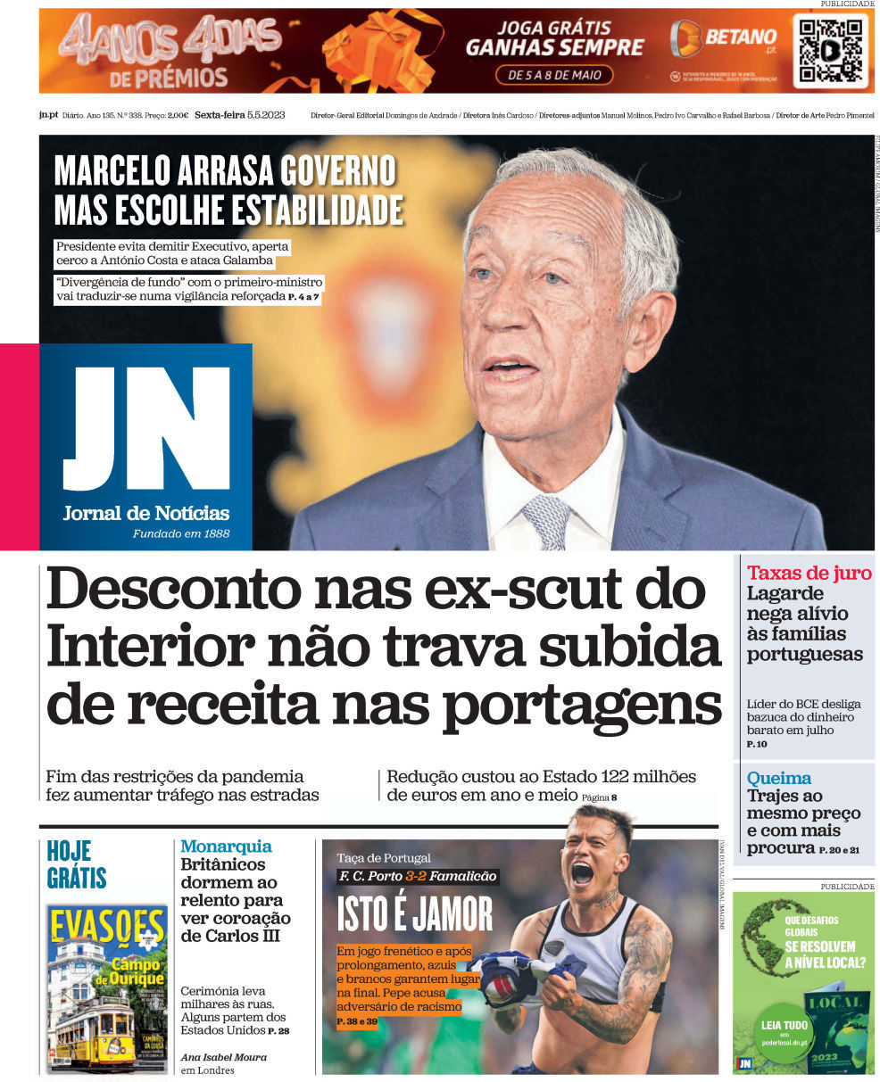 Jornal de Not&iacute;cias: Capa da Edi&ccedil;&atilde;o de sexta-feira, 05 de maio 2023
