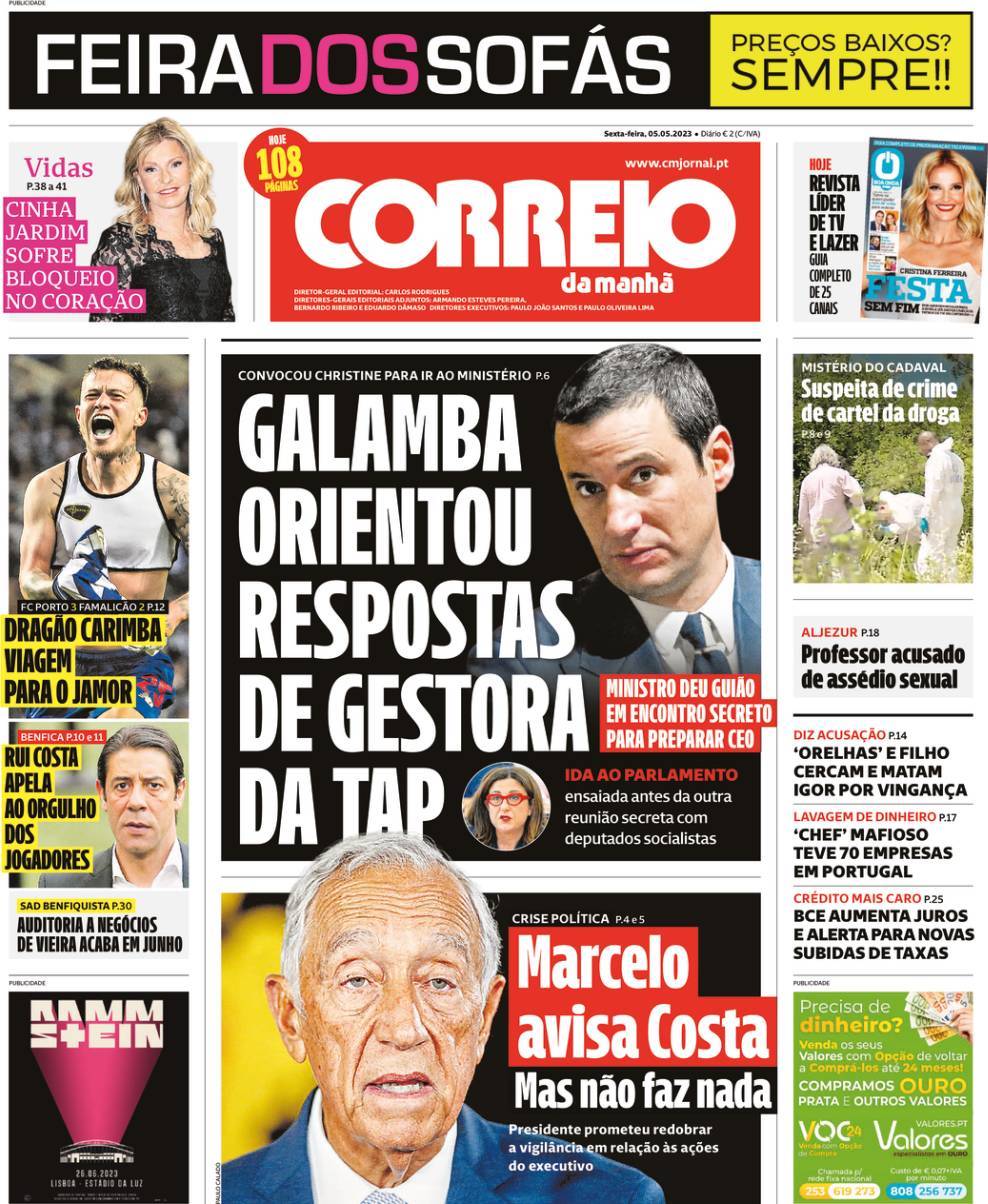 Correio da Manh&atilde;: Capa da Edi&ccedil;&atilde;o de sexta-feira, 05 de maio 2023