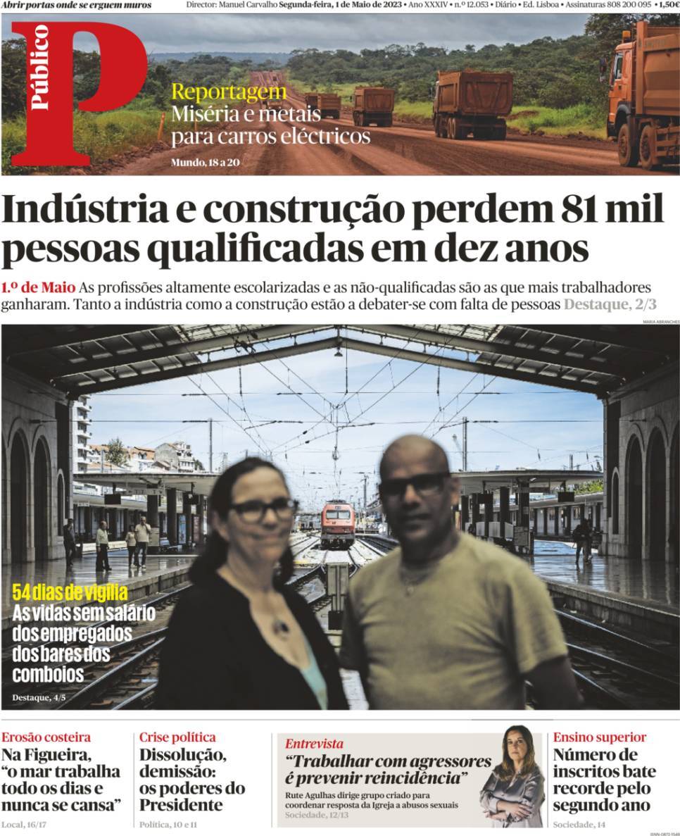 P&uacute;blico: Capa da Edi&ccedil;&atilde;o de segunda-feira, 01 de maio 2023