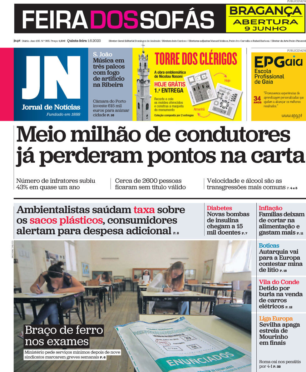 Jornal de Not&iacute;cias: Capa da Edi&ccedil;&atilde;o de quinta-feira, 01 de junho 2023