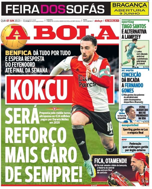 A Bola: Capa da Edi&ccedil;&atilde;o de quarta-feira, 07 de junho 2023