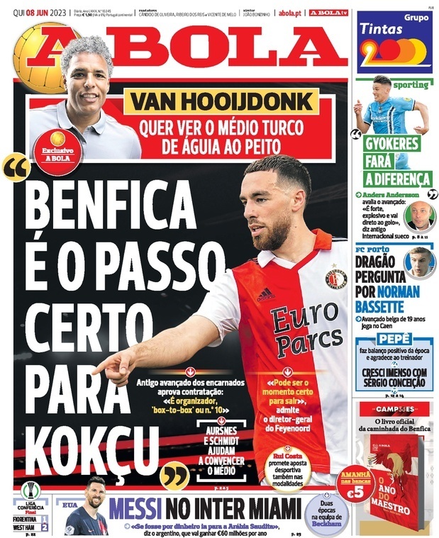A Bola: Capa da Edi&ccedil;&atilde;o de quinta-feira, 08 de junho 2023
