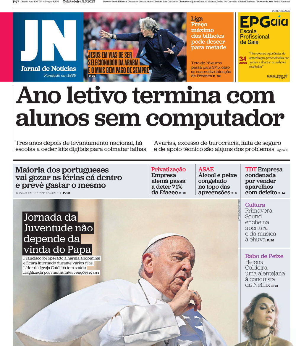 Jornal de Not&iacute;cias: Capa da Edi&ccedil;&atilde;o de quinta-feira, 08 de junho 2023