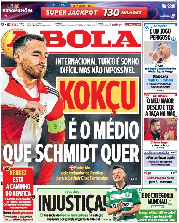 A Bola: Capa da Edi&ccedil;&atilde;o de sexta-feira, 02 de junho 2023