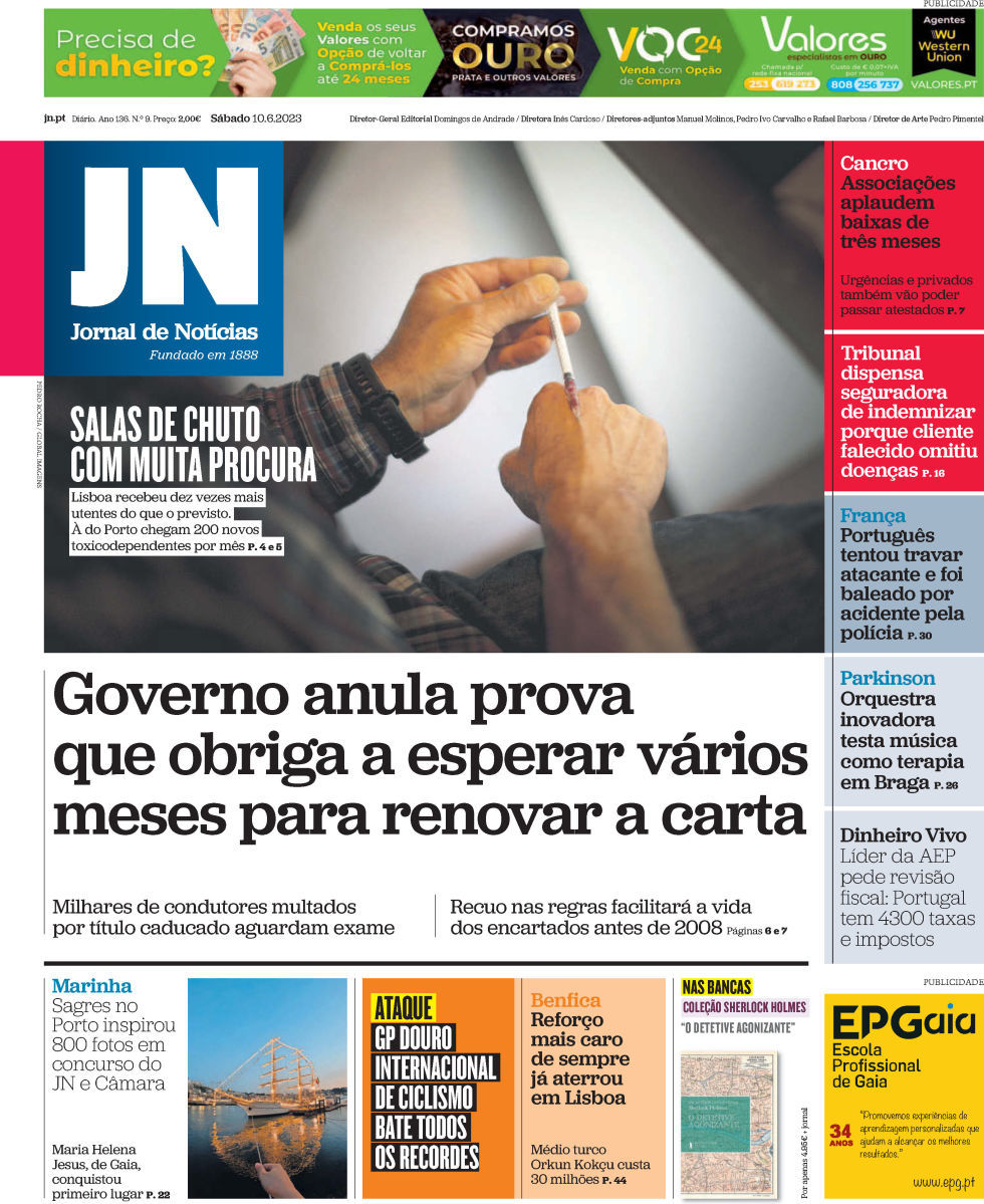 Jornal de Not&iacute;cias: Capa da Edi&ccedil;&atilde;o de s&aacute;bado, 10 de junho 2023