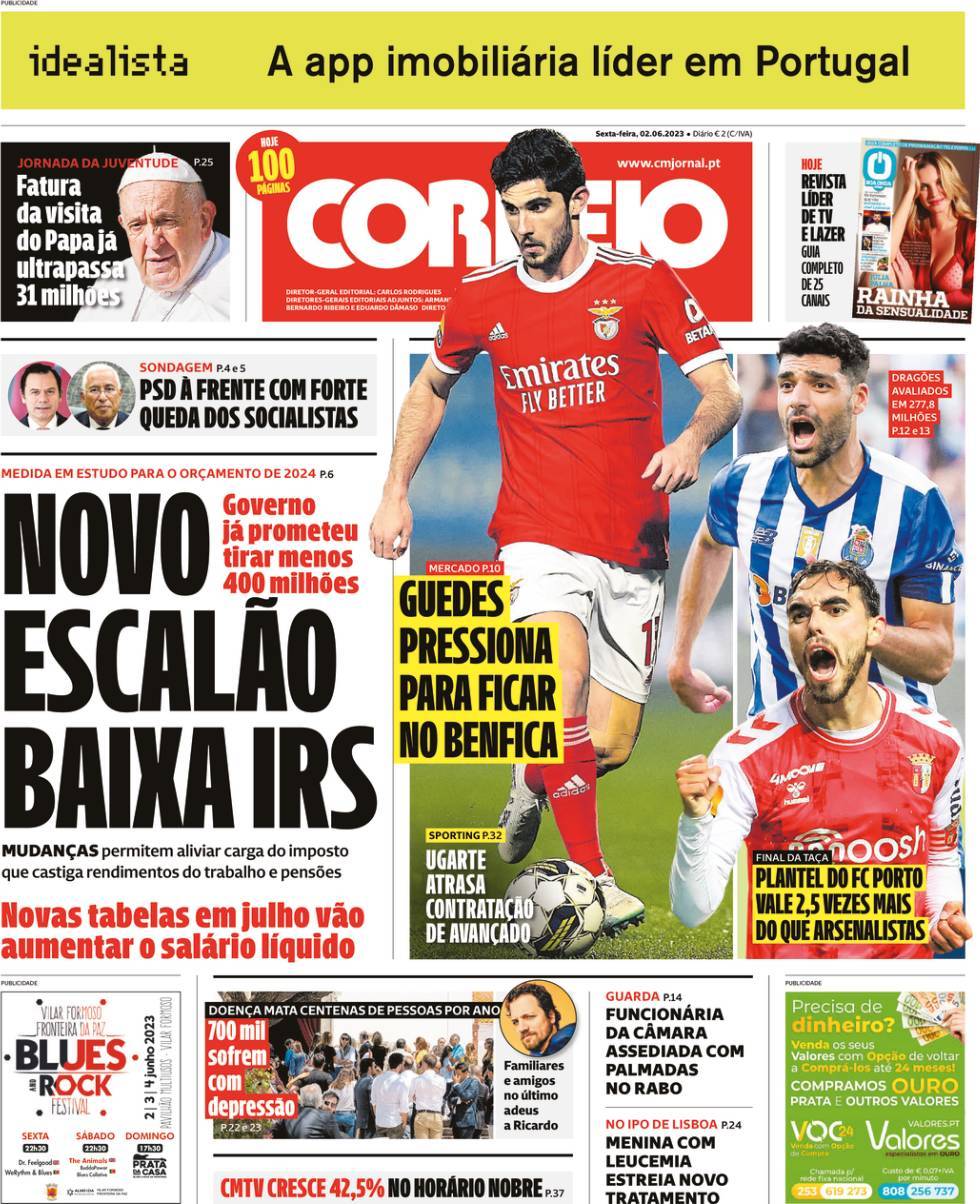 Correio da Manh&atilde;: Capa da Edi&ccedil;&atilde;o de sexta-feira, 02 de junho 2023